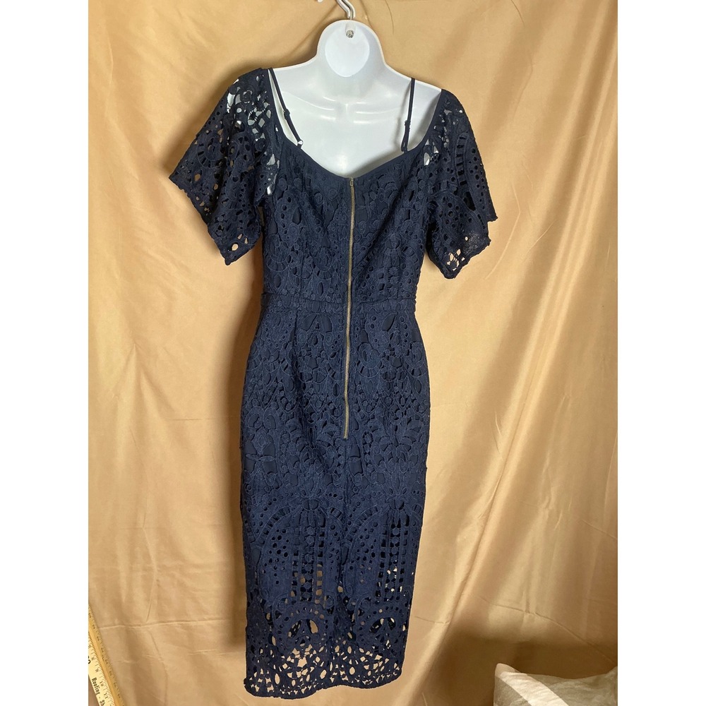 Lace Midi Dress Women 6  Navy Blue Excellent Cold Shoulder Puff Sleeve Square - Picture 5 of 13
